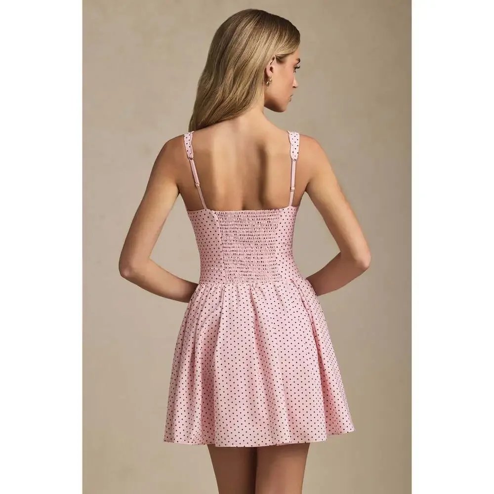 Oh Polly Bow-Detail A-Line Mini Dress in Pink Polka Dot 8 - Picture 3 of 3